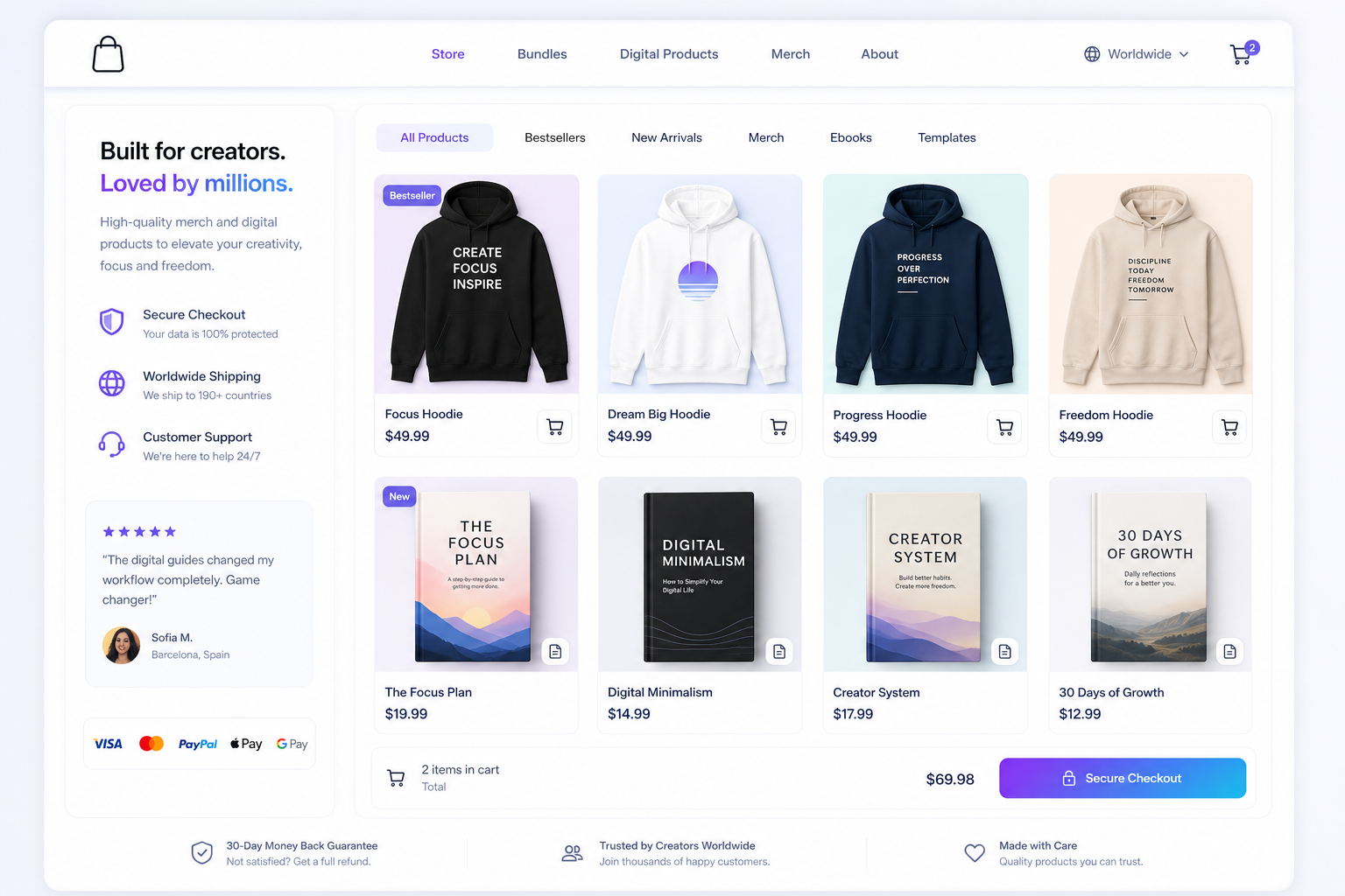 Sell digital products and merch from one store